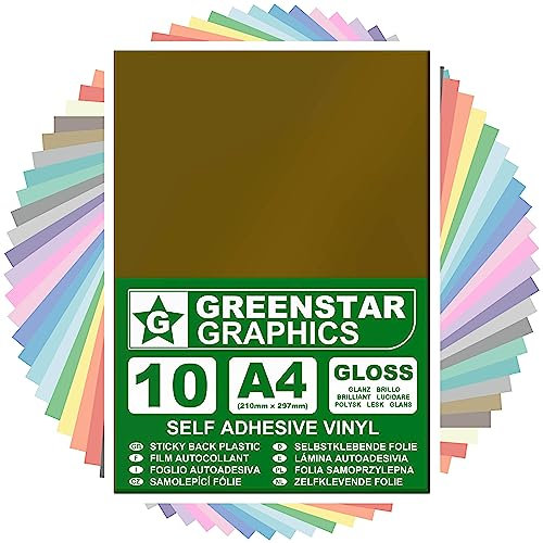GREENSTAR GRAPHICS Glossy A4 Sticky Back Plastic SELF Adhesive Art & Craft Vinyl (10 Sheet Pack). Compatible with 12” Cricut, Silhouette Cameo/Curio/Portrait, Scan N Cut (Gold Gloss 10 A4)