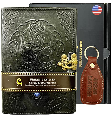 URBAN LEATHER Journal mit schwarzem Totenkopf, Buch der Schatten, Hexerei, Wicca-Zauberbuch für Damen und Herren, zum Schreiben, mit Geschenkbox, unlinierte, dicke Seiten