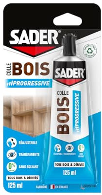 Sader Colle à Bois Prise Progressive – Colle Vinylique Bois Intérieur – Colle Forte pour Tous Bois et Dérivés –Transparente après Séchage – Sans Solvant – Tube de 125ml