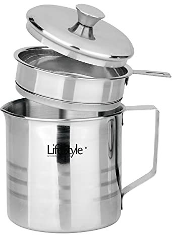 Tradineur - Grasera metálica de 10 cm de diámetro y 14,6 cm de altura, con filtro, asa y tapa. Aceitera con colador para conservación de aceite de acero inoxidable. Recipiente para colar aceites.