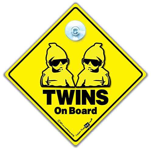 Zwillinge an Bord Schild, Hoodie Baby On Board Schild Stil Saugnapf Autoschild in Gelb entworfen, um andere Verkehrsteilnehmer There Are Twins in The Car zu lassen, 14 cm x 14 cm x 2 cm