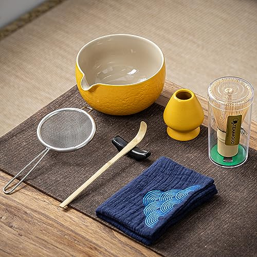 Tea Set (7pcs) Matcha Whisk Set Matcha Bowl with Pouring Spout Bamboo Matcha Whisk (Chasen) Scoop (chashaku) Matcha Whisk Holder Tea Making Kit. N18,Orange, Matcha Green Tea Powder