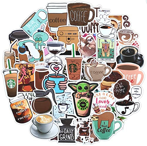 Kaffee Aufkleber 50 Stück Coffee Sticker Set,Schöne Aesthetic Kaffee Theme,Wasserdichte Vinyl Sticker Aufkleber für Meme Tasse Flasche Laptop Scrapbook Journal Gitarren Mappen Skateboard iPad Fahrrad