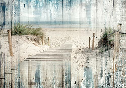 decomonkey Fototapete Strand Holzoptik 400x280 cm Tapete Fototapeten Vlies Tapeten Vliestapete Wandtapete Moderne Wand Wandbild Schlafzimmer Wohnzimmer Meer Dünen Natur Büro Flur Blau Beige