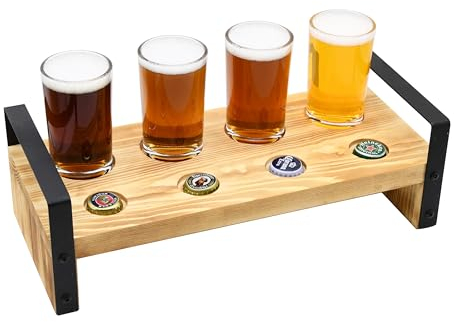 Owlgift Brown Wood Beer Flight Sampler Tray Holder Serving Set w/ 4 Glasses & Bottle Cap Holder & Black Metal Handles, Outdoor Bar Accessory, Drink Stand, Beer Gifts