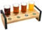 Owlgift Brown Wood Beer Flight Sampler Tray Holder Serving Set w/ 4 Glasses & Bottle Cap Holder & Black Metal Handles, Outdoor Bar Accessory, Drink Stand, Beer Gifts