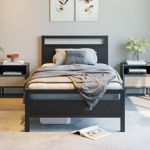 BOFENG Black Twin Bed Frame with Wood Headboard,Metal Single Platform Bed Frame Twin Size No Box Spring Needed,Heavy Duty Metal Slats Support,Mattress Foundation,Noise Free,Easy Assembly