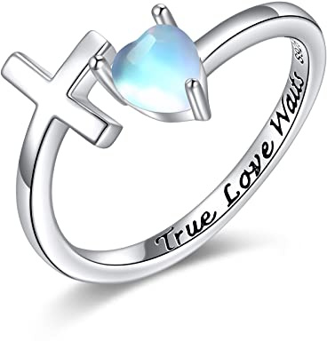 POPLYKE 925 Sterling Silber Reinheit Ring Mondstein Kreuz Ringe für Frauen Mädchen Wahre Liebe wartet Ring