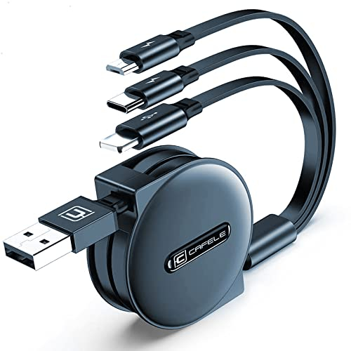 CAFELE 3 in 1 Einziehbares Ladekabel[𝟮𝟬-𝟭𝟮𝟬𝐂𝐌],5V/3A Sichere Schnell Aufrollbare Kabel,Universal, Mehrfach Multi USB Kabel Mit Typ C/MicroUSB/Phone für 16 15 14 13 12 Galaxy Huawei Xiaomi