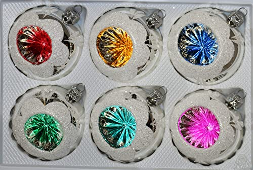 Glänzende Silberne Weihnachtskugeln aus Glas mit bunten Reflexen und weißen Glitzerapplikationen - Durchmesser 8 cm 6er Set
