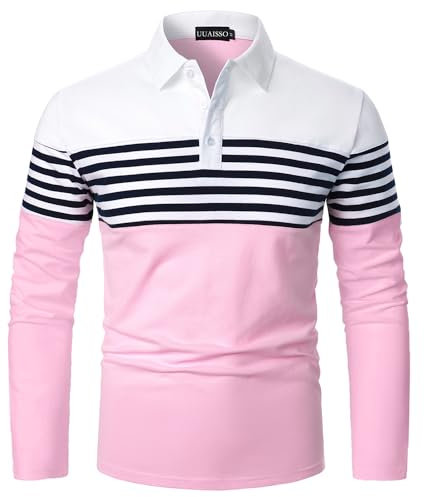 UUAISSO Polo à Manches Longues pour Homme Polo à Rayures Couleur Contrastée Coupe Ajustée Coton Golf Polos Blanc + Rose XL