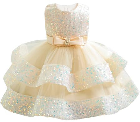 Miipat Bébé Fille Robe Bambin Princesse Tulle Sequins sans Manches Formelle Fleur Fille Robe pour La Fête Anniversaire Mariage Champagne 120 4-5 Ans