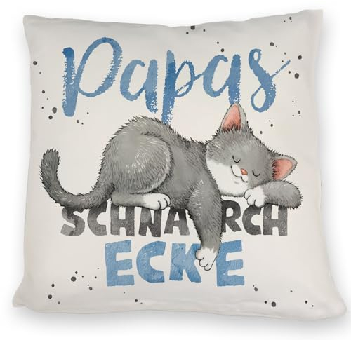 Graue Katze Kissen mit Spruch Papas Schnarchecke EIN bequemes DekoKissen für die Couch KuschelKissen Katzenmotiv Katzenliebhaber Schlafende Katze Katzenmensch Katzenprint Eltern