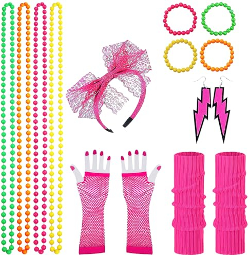 RosyFate 80er Jahre Outfit Damen, Kostüm 80er Jahre Damen, Netzhandschuhe Pink, Stulpen Pink, Stirnband, Halskette, Armband, Ohrringe, 80 Jahre Outfit Damen Neon