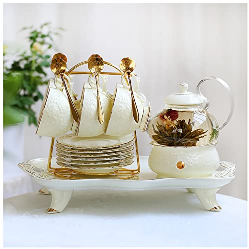 FrEshn Cup Rose Embossed English Afternoon Tea Set Porcelain Candle Heating European Glass Ceramic Teapot Cups Saucer Spoon Holder Tray Kit Tea Cup