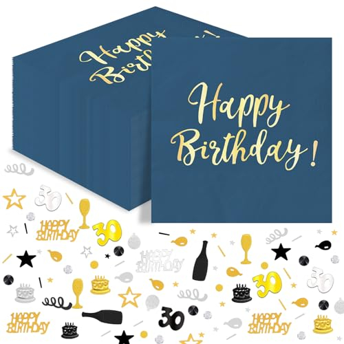 40 Pieces Blue Gold Birthday Napkins + 30th Birthday Confetti Gold Black 15g, 30th Happy Birthday Napkins Confetti Set Birthday Party Table Decorations