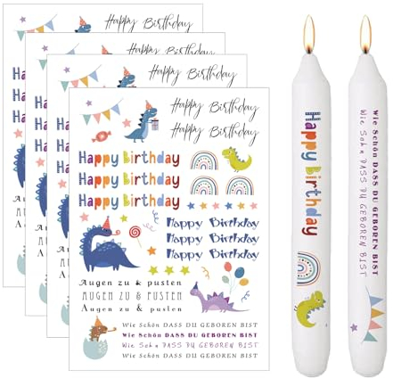 Bolosa 4 Stück Kerzentattoos Geburtstag, Kerzen Tattoo, Wasserschiebefolie, Kerzen Tattoo Geburtstag, Kerzensticker, Tattoo Folie Kerzen, für Gestaltung von Kerzen und Keramik, DIY E