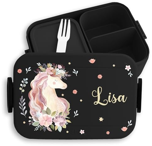 Kinder Bento Box Midi Lunchbox für Mepal Bentobox - Einhörner - Einhorn Geschenk Mädchen Schule I Kindergarten mit Name - 900 ml - Schwarz - einhorn-bento-box personalisierte brotboxen unicorn