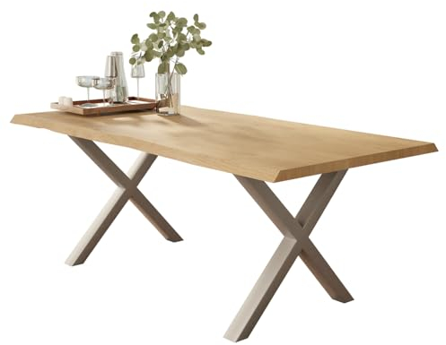 Liadomo Esstisch 160x85 Isa Natur, Baumkantentisch, Akazie Massivholz Tisch, 26mm Tischplatte Lackiert, Robust & Pflegeleicht, Unikat, X-Gestell Metall Silber