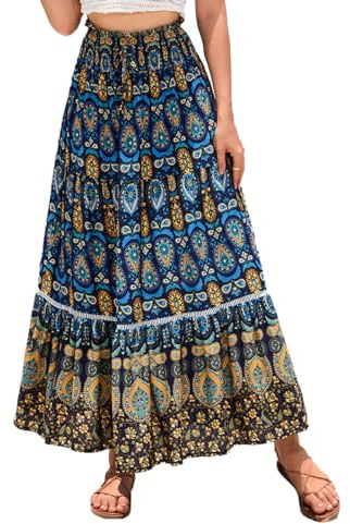 EMOTTOS Maxi Gonna Lunga Donna, Boho Gonne Lunghe Vita Alta Estive con Cinturino Decorativo, Bohemien Elastica Gonna Floreale Plissettata Swing Gonna A-Linea Casual Elegante, Blu S