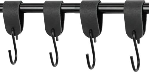 Handles and More - 4 x S Haken für Kleiderstangen - Schwarz - Größe S - für max. Durchmesser 30mm - Kleiderhaken mit Lederschlaufe - Garderobenhaken aus echtem Leder - Fleischerhaken für Garderobe