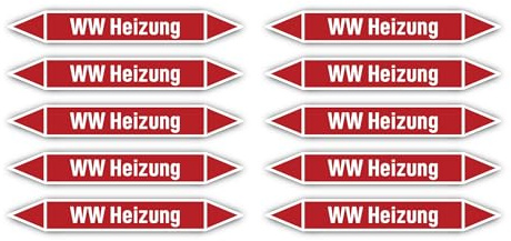 Aufkleber: 100x15 mm, 10 Stück - Gruppe 2 - Dampf - Warmwasser - Rohrleitungskennzeichnung - nach DIN 2403 - Sprache: deutsch - WW Heizung