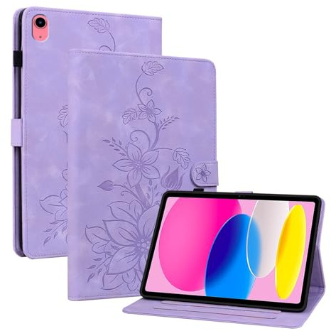Rosbtib Funda para iPad 11 Generación (A16 2025) 11/iPad 10 Generación 2022 10.9, Funda Protectora de Visualización Multiángulo con [Ranura para Tarjetas] [Cierre Magnético], Lirios Púrpura