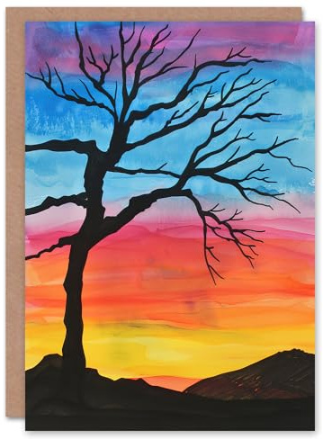 Artery8 Greeting Card Tree Silhouette Against Rainbow Sky Watercolour Blank For Him Or Her Art Birthday Card