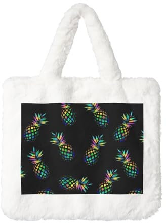ESNAIUVCD Plüsch-Handtasche mit Ananas-Druck, flauschige Umhängetasche, Tragetasche, flauschige Handtasche, flauschige Einkaufstasche