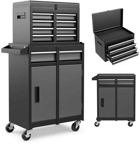 HOMFME Rolling Tool Cabinet, 2 in 1 Detachable Tool Chest with Drawers, Wheels, Hooks, Side Handle, Lockable Metal Tool Box Cart Trolley for Garage Workshop (Black+Grey)