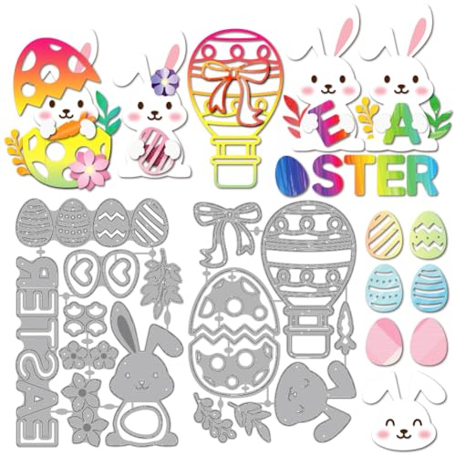 MAYJOYDIY Ostermotiv Metall Stanzformen Osterei Hase Stanzschablonen Blumen Blätter Design Karbonstahl Prägeschablonen Für Scrapbooking Party Fotoalbum DIY Papierhandwerk