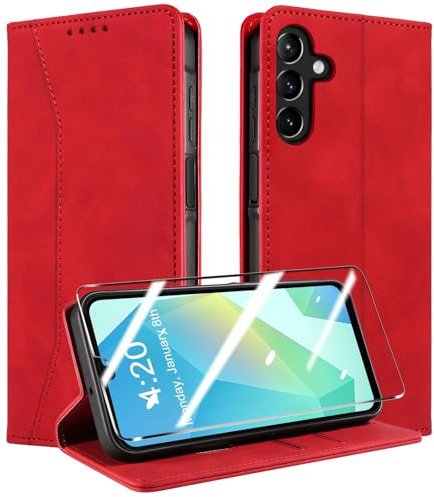 QHOHQ Cover per Samsung Galaxy A16 4G / A16 5G / A26 5G + Pellicola Prottetiva, [RFID Shieldon], Libro Custodia Portafoglio Premium Pelle PU, Slot Scheda, Chiusura Magnetico Aletta Antiurto Case-Rosso