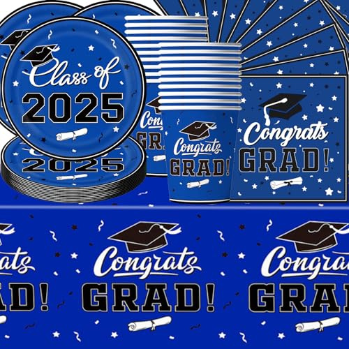 2025 Blue Graduation Season Party Tableware, Graduation Party Tableware comprende piatti di carta, bicchieri di carta, tovaglioli e tovaglie per feste di laurea per 20 persone.