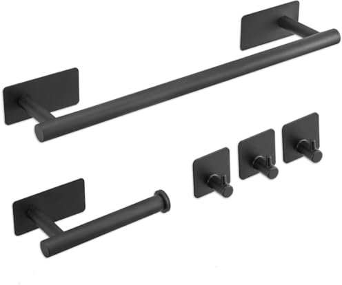 M.J COMFY-LIFE 5pcs Bathroom Accessories Set No Drilling Towel and Toilet Roll Holder Set, Self Adhesive Toilet Roll Holder, Towel Rail, Hook (Black)