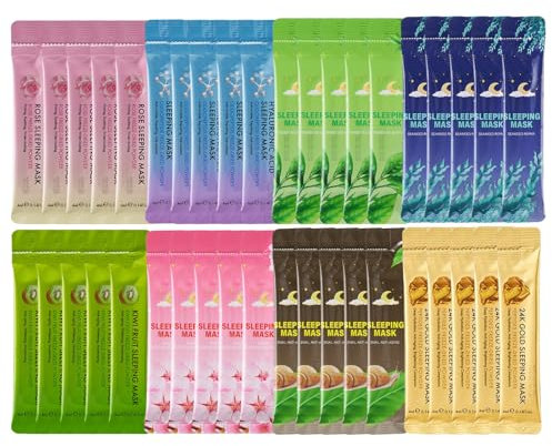 40PCS Overnight Face Mask - 8-In-1 Sleeping Face Mask with Green Tea,Cherry Blossom,Snail Mucin,Seaweed,24K Gold,Hyaluronic Acid,Rose,Kiwi - Anti-Aging,Hydrating,Nourishing Face Masks Skincare