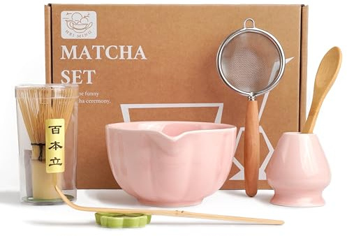 HEI MING Set Premium de Matcha de 7 Piezas – Juego Ceremonia Té con Batidor Bambú (Chasen), Cuenco Cerámica Rosa, Cuchara y Accesorios – Regalo Original