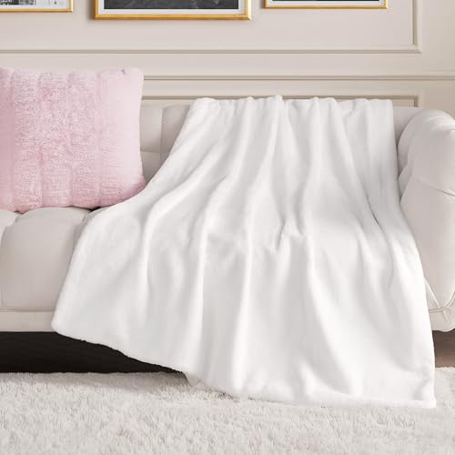 Juicy Couture Überwurfdecke aus massivem Kaninchen-Nerz-Kunstfell, 127 x 178 cm, Plüsch-Kunstfell-Decke für Sofa oder Bett, Weiß