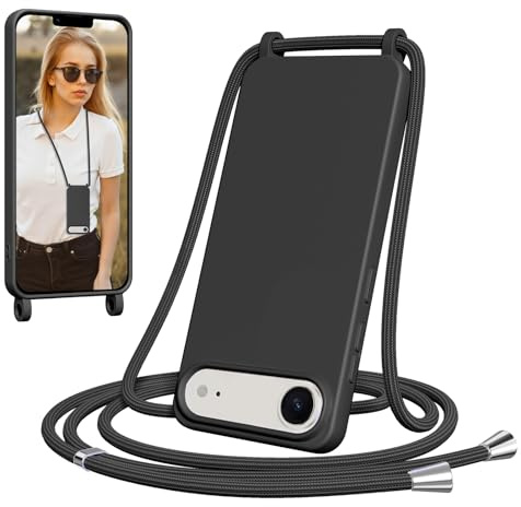 Yxnvixn Crossbody Lanyard Case for iPhone 17 Air, Liquid Silicone Shockproof Protective Mobile Phone Cover with Strap Adjustable Neck Cord Necklace TPU Soft Shell for iPhone 17 Air， Black