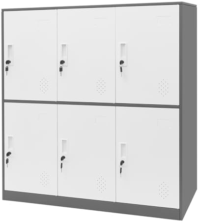 Dokiiovo Kleiner Schließfachschrank, 9/6-türiger Spind Kleiner Metallschrank, Abschließbarer Büroschrank, Fächerschrank für Wohnzimmer, Arbeitszimmer, Büro (Weiß+Grau, 6 Fächer)
