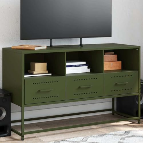 QJBSAVVA Olive Green TV Cabinet 100.5 x 39 x 60.5 cm, Steel Industrial TV Stand with 3 Drawers & Open Shelves, Modern Media Unit for Living Room Bedroom