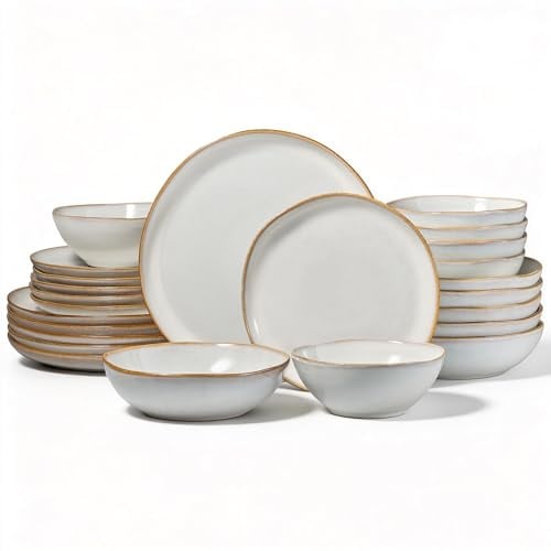Onader 24 Piece Reactive Glaze Dinner Set for 6 People, Grey White | Porcelain Dinner Sets, Irregular Round Stoneware Dinnerware Service for 6, Plates and Bowls, Dishwasher & Microwave Safe