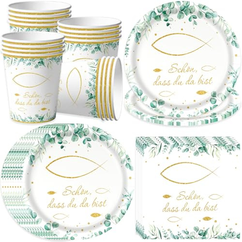 Bikasun Kommunion Deko Partygeschirr Set, Fisch Eukalyptus Servietten und Pappteller Becher, für Taufe, Konfirmation und mehr, für Mädchen Junge mit Spruch Schön dass du da bist