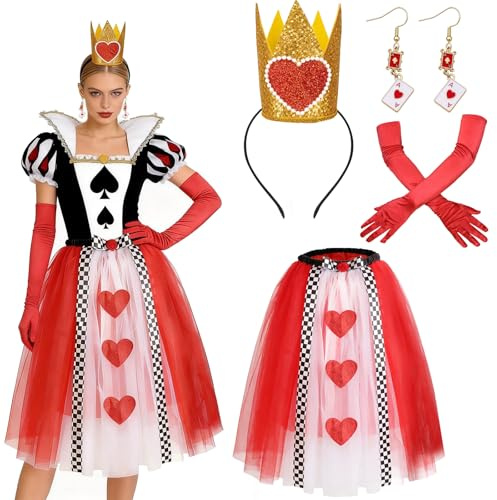Beipegin Herzkönigin Kostüm Damen Tüllrock Herz Königin Krone Spielkarten Ohrringe herzdame kostüm Karneval Faschingskostüme