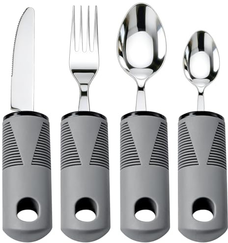 4-Piece Easy Grip Cutlery Set for Arthritic Hands & Disabled Adults Adaptive Extra Wide Chunky Handles Weighted Cutlery Adapted Eating Utensils with Knife Fork Spoon for Tremors & Parkinson's