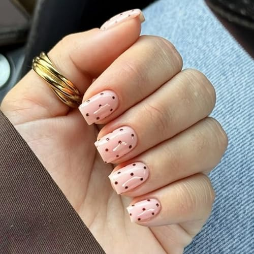 Nymora Short Press on Nails - 24pcs Polka Dot Fake Nails with File - Cute Instant Short Square False Nails for Women