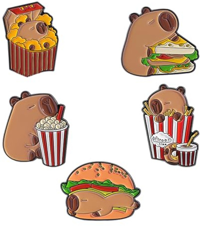 Capybaras Hamburger Fries emaillierte Anstecknadel, 5 Stück, Legierungsmetallbroschen, Cartoon Sammlerstücke für Accessoires und Geschenke, Cartoon Anstecknadel