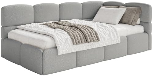 Selsey Jugendbett 120x200cm Grau Bouclé Stoff mit Stauraum und Lattenrost, gepolstertes Polsterbett mit Bettkasten, Jugendbett rechtsseitig mit Eckkopfteil, Bett 120x200 für Kinderzimmer