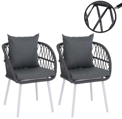 Mendler 2er-Set Gartenstuhl HWC-Q38, Gartensessel Armlehne, Aluminium Seilgeflecht Rope - Gestell hellgrau, Polster anthrazit