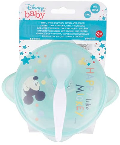 STOR Bol A Ventouse Anti-Dérapant - + 10 Mois - Avec Couvercle - Cuillère -DISNEY Baby Mickey Mouse