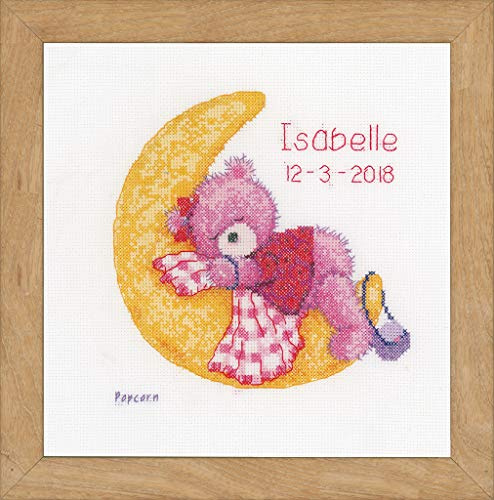 Vervaco Gezählter Kreuzstich Stickpackungen Stickset Baby Geburt Popcorn Auf dem Mond Wanddekoration Handarbeit Set für Erwachsene Kreatives Handwerk ca. 16 x 18 cm Geburt Geschenk Hausdeko